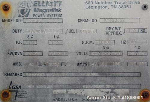 Used Elilott Magnetek 100 kW standby diesel generator Set, model 100RD, SN-8108J552. Perkins model 1006-6T turbocharged engine rated 154HP at 1800RPM. MagneTek model MTG35 generator 3/60/208/240/460V...