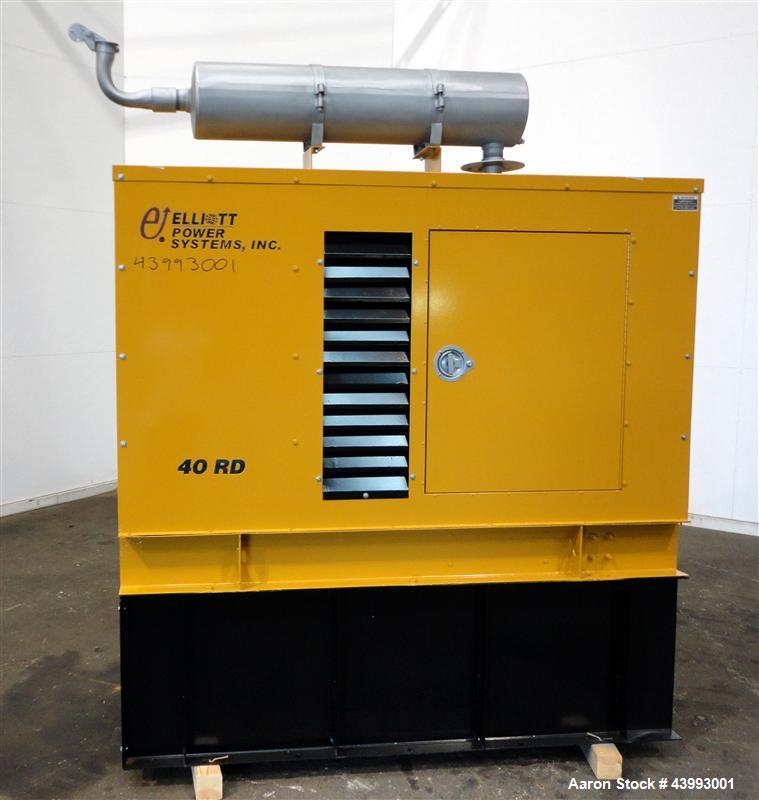 Used Elliott 40kW Standby Diesel Generator Set, Model 40RD, Serial BY07J593. Perkins Engine 4.236D. 3/60/208V 12 lead reconnectable. 150 Amp mainline circuit breaker. Coolant heater. Sens battery cha...