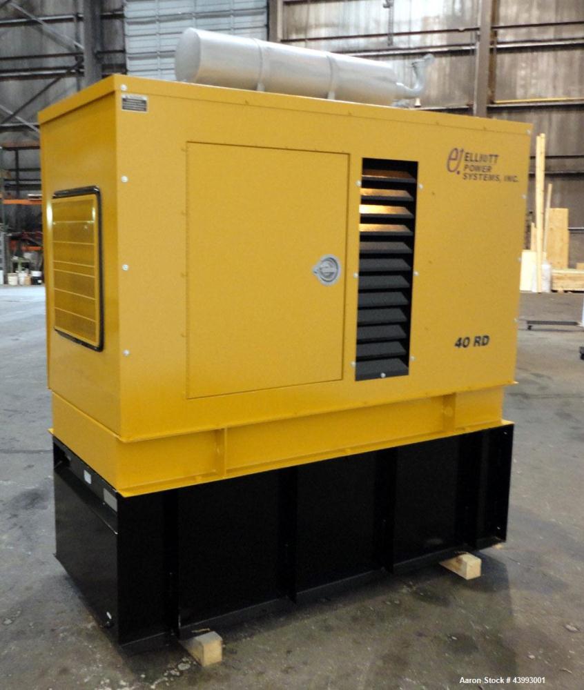 Used Elliott 40kW Standby Diesel Generator Set, Model 40RD, Serial BY07J593. Perkins Engine 4.236D. 3/60/208V 12 lead reconnectable. 150 Amp mainline circuit breaker. Coolant heater. Sens battery cha...