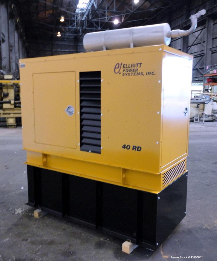 Used Elliott 40kW Standby Diesel Generator Set, Model 40RD, Serial BY07J593. Perkins Engine 4.236D. 3/60/208V 12 lead reconnectable. 150 Amp mainline circuit breaker. Coolant heater. Sens battery cha...