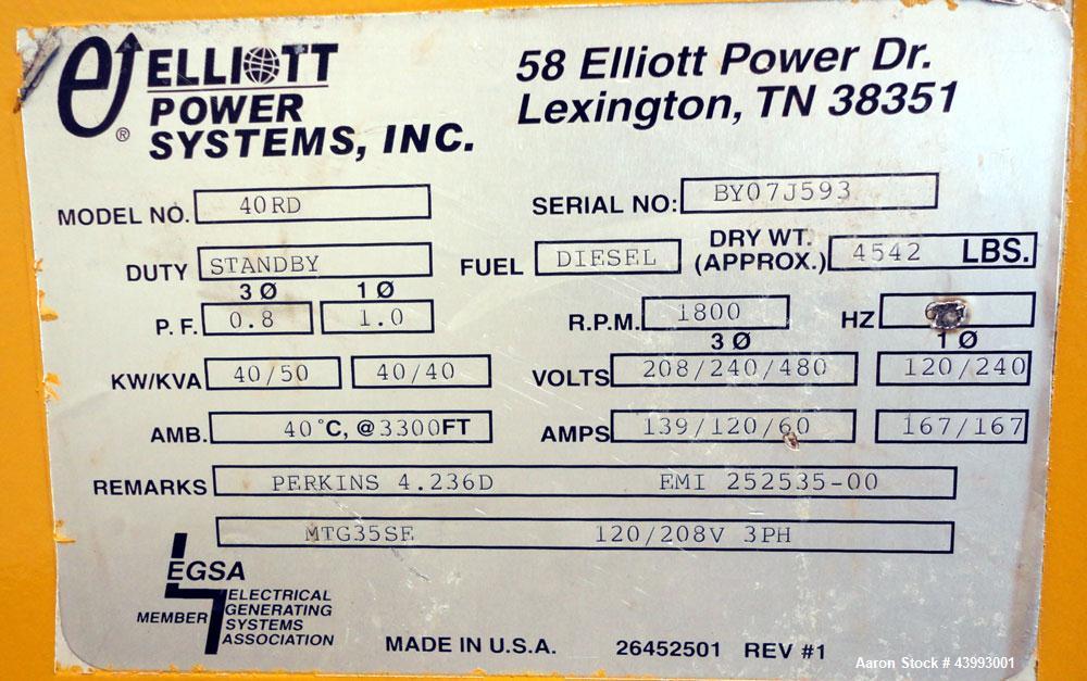 Used Elliott 40kW Standby Diesel Generator Set, Model 40RD, Serial BY07J593. Perkins Engine 4.236D. 3/60/208V 12 lead reconnectable. 150 Amp mainline circuit breaker. Coolant heater. Sens battery cha...