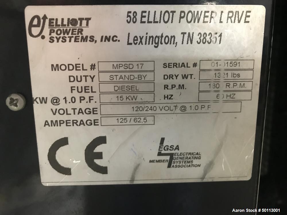 Used- Elliot Power Systems MPSD 17 Diesel Generator, 15 KW