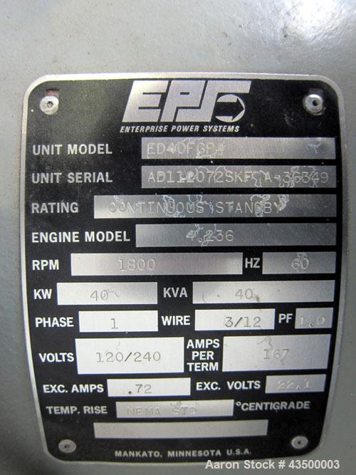 Used EPS (Enterprise Power Systems) 40kW Diesel Generator Set. Perkins model 4246 engine SN-LQ336264223688S. 1/60/120/240V. EPS unit model ED40FGP4, serial #AD112072. Perkins model 4-236 engine, seri...