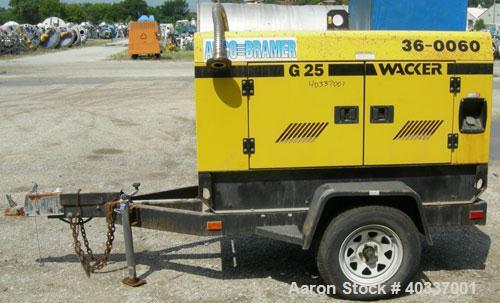 Used Wacker model G-25, S/N 5112687,  contiuous rating, 3 phase -18 kW/23 kVa , volts 208/480, amps 62/27, 1 phase 15 kW/15 kVa, volts 120/240, amps-125/63.  60 gallon fuel capacity. 2170 lbs.  Yr 19...
