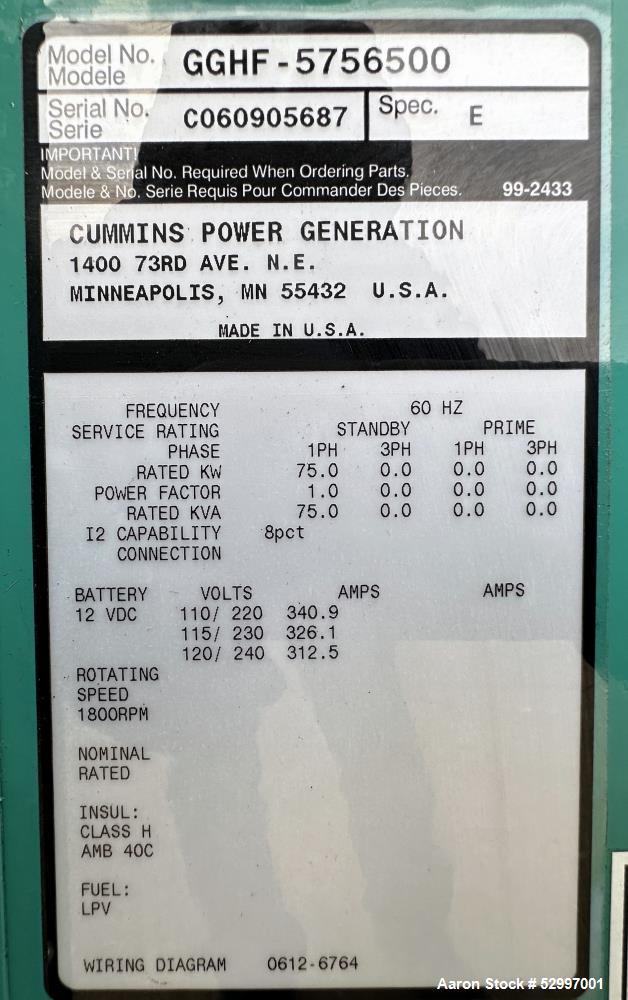 Used Cummins 75 kW Standby Natural Gas / Propane Generator Set – Model GGHF