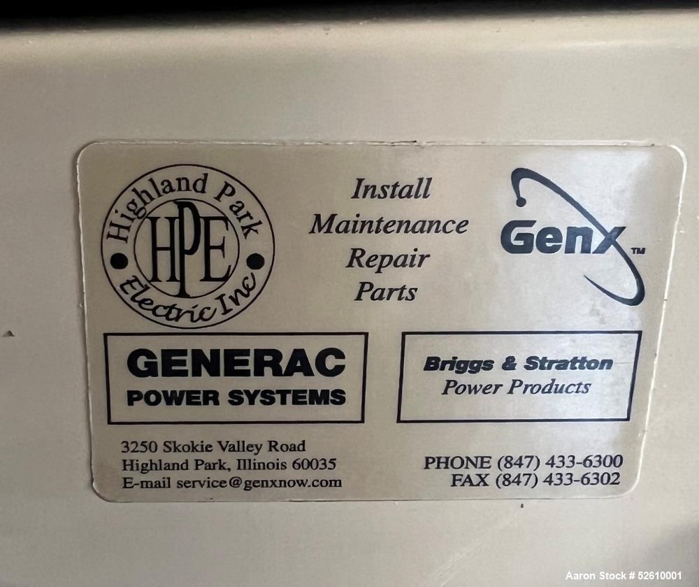 Used Generac Genset, Rated 20 KW, Natural Gas. 449 total hours.