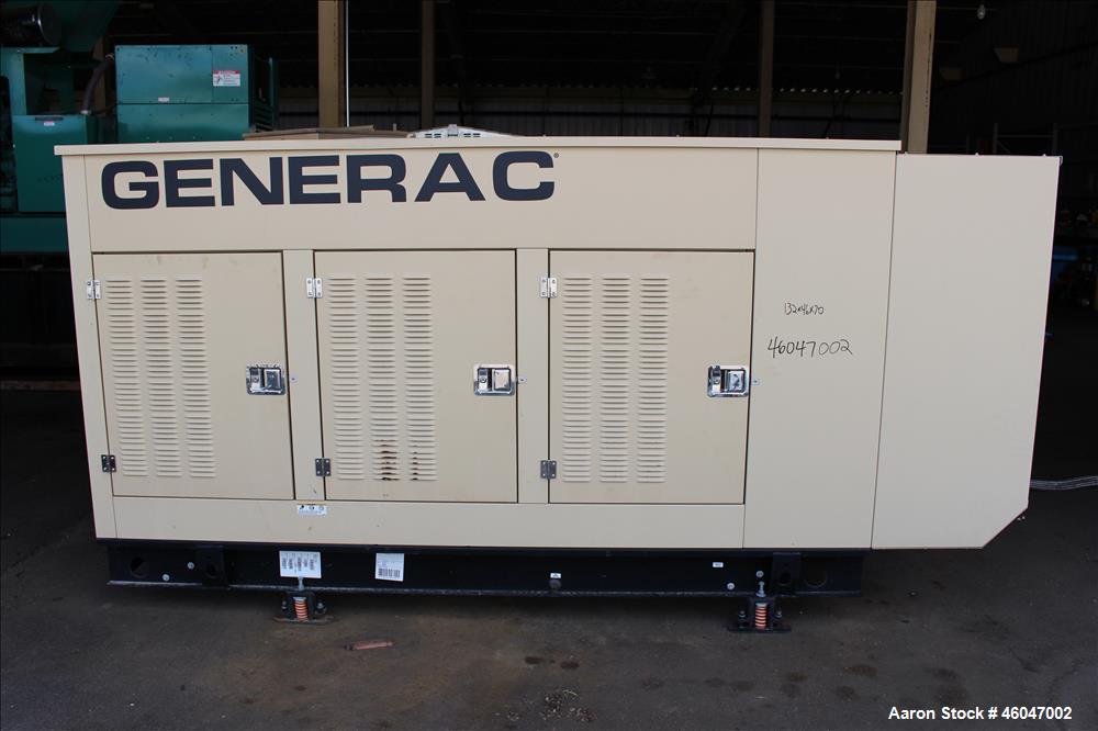 Used Generac 150 kW standby natural gas generator set, model 10253980100, SN-2099763. Generac 6.8L V-10 engine, model WSG1068, SN E182A 260608 1786160. 3/60/277/480V. (2) 150 Amp main-line circuit br...