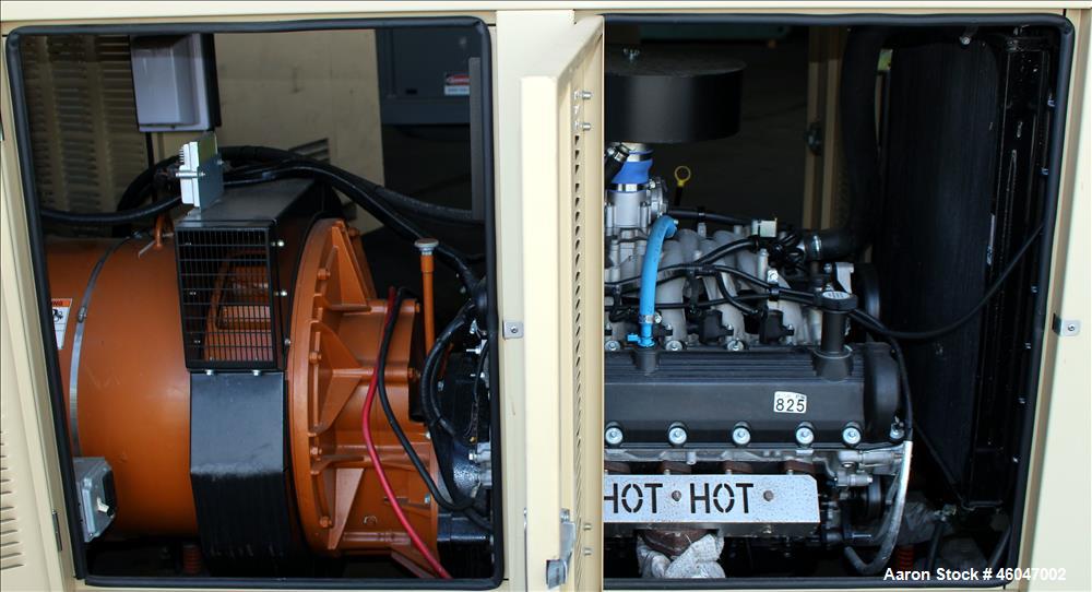 Used Generac 150 kW standby natural gas generator set, model 10253980100, SN-2099763. Generac 6.8L V-10 engine, model WSG1068, SN E182A 260608 1786160. 3/60/277/480V. (2) 150 Amp main-line circuit br...