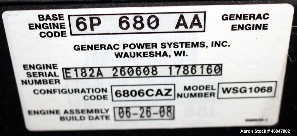 Used Generac 150 kW standby natural gas generator set, model 10253980100, SN-2099763. Generac 6.8L V-10 engine, model WSG1068, SN E182A 260608 1786160. 3/60/277/480V. (2) 150 Amp main-line circuit br...