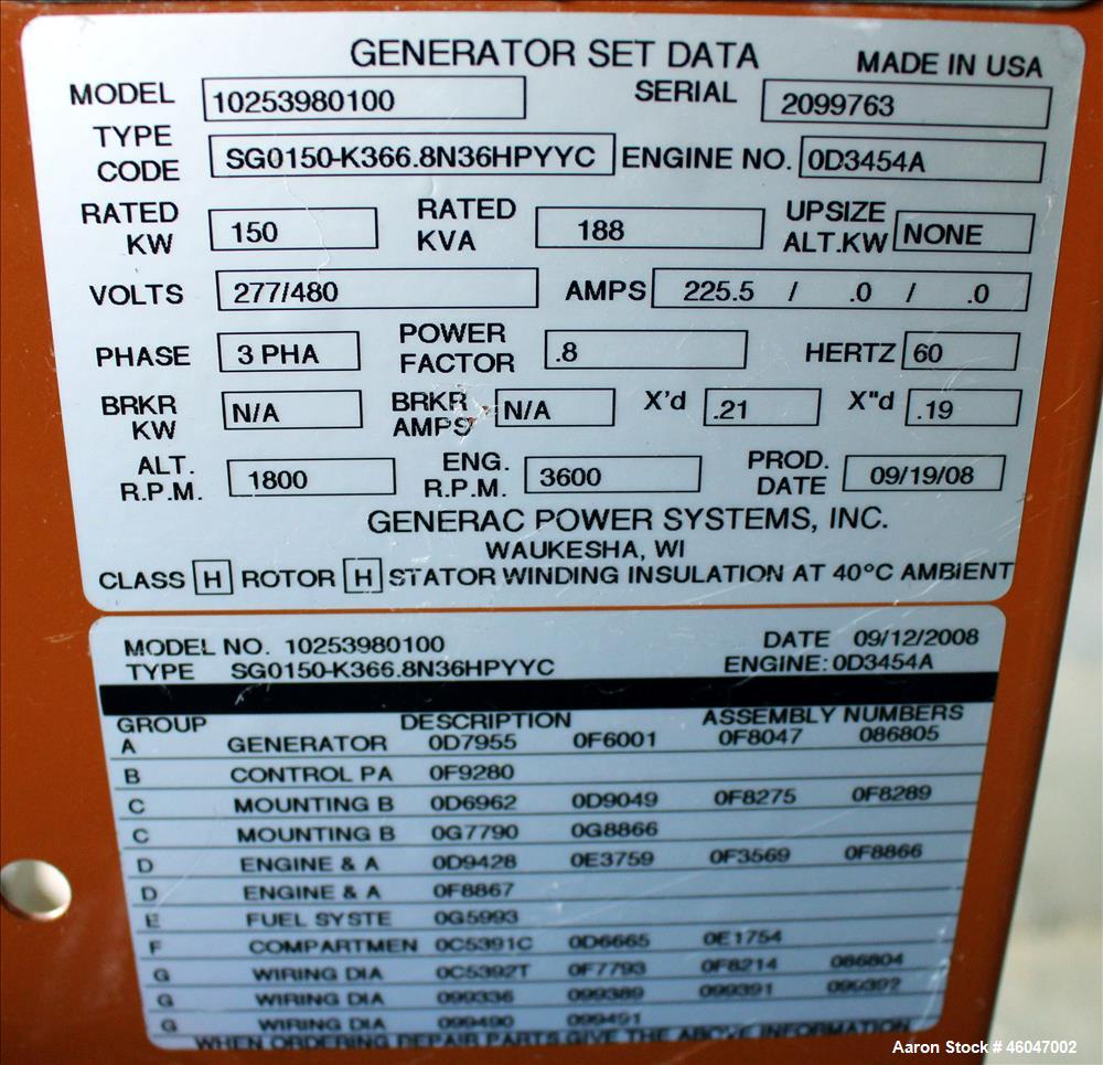 Used Generac 150 kW standby natural gas generator set, model 10253980100, SN-2099763. Generac 6.8L V-10 engine, model WSG1068, SN E182A 260608 1786160. 3/60/277/480V. (2) 150 Amp main-line circuit br...