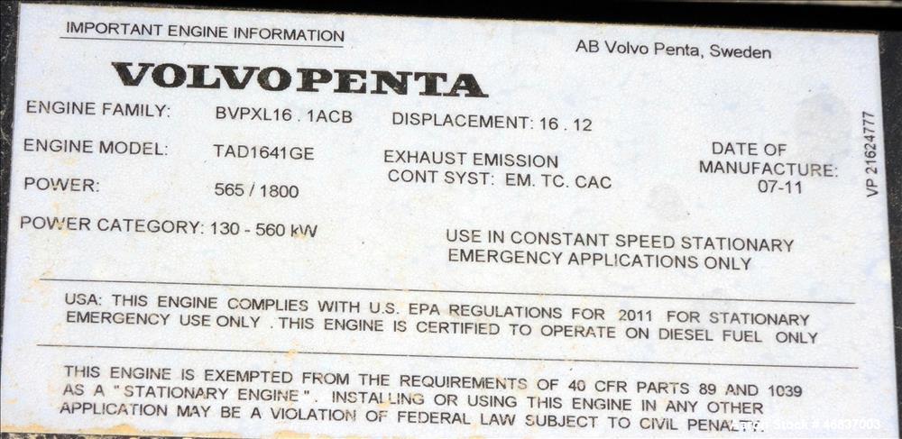 UNUSED- Generac 500 kW standby diesel generator, Volvo TAD1641GE EPA Tier 2 engi