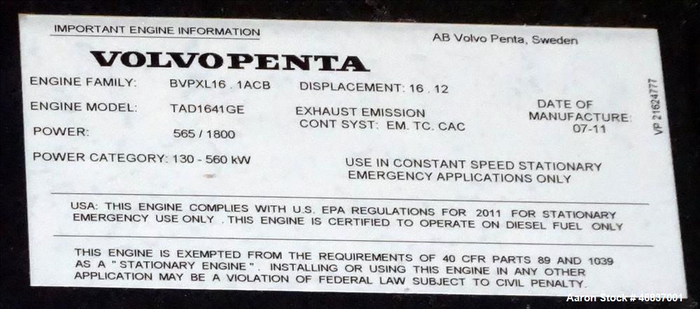 UNUSED- Generac 500 kW  diesel generator Volvo Penta TAD1641GE engine