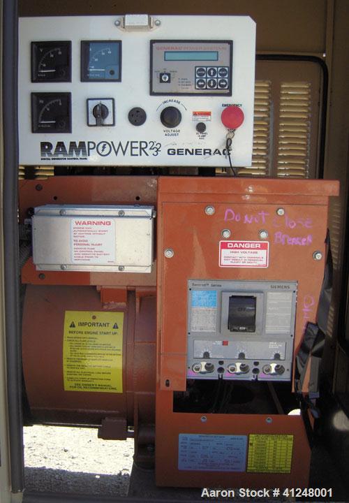 Used Generac 100kW natural gas generator set. Generac 2000 series model 3031950200. Ford 6.8L engine model OD 3454. 3/60/120/208V. 400 amp main line circuit breaker. Includes a battery charger. 97.1 ...