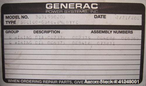 Used Generac 100kW natural gas generator set. Generac 2000 series model 3031950200. Ford 6.8L engine model OD 3454. 3/60/120/208V. 400 amp main line circuit breaker. Includes a battery charger. 97.1 ...