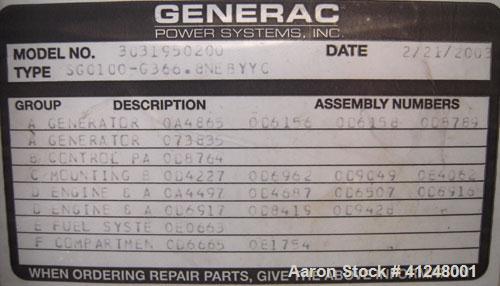 Used Generac 100kW natural gas generator set. Generac 2000 series model 3031950200. Ford 6.8L engine model OD 3454. 3/60/120/208V. 400 amp main line circuit breaker. Includes a battery charger. 97.1 ...