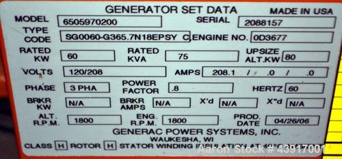 Used Generac 60 kW Standby Natural Gas Generator Set, Model 6505970200, Serial #2088157. 3/60/120/208V, 200 Amp mainline circuit breaker. Weather enclosure. 115 Hours. Year 2006. Passed load test 11/...