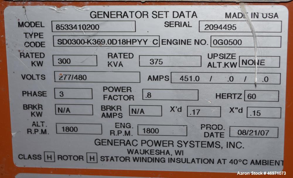 Used Generac Power Systems 300 KW Diesel Generator Set. Model 8533410200, type code SD0300-K369.0D18HPYY C, serial# 2094495, built 2007. John Deere 9.0 liter 6 cylinder engine, model 6090HF485, seria...