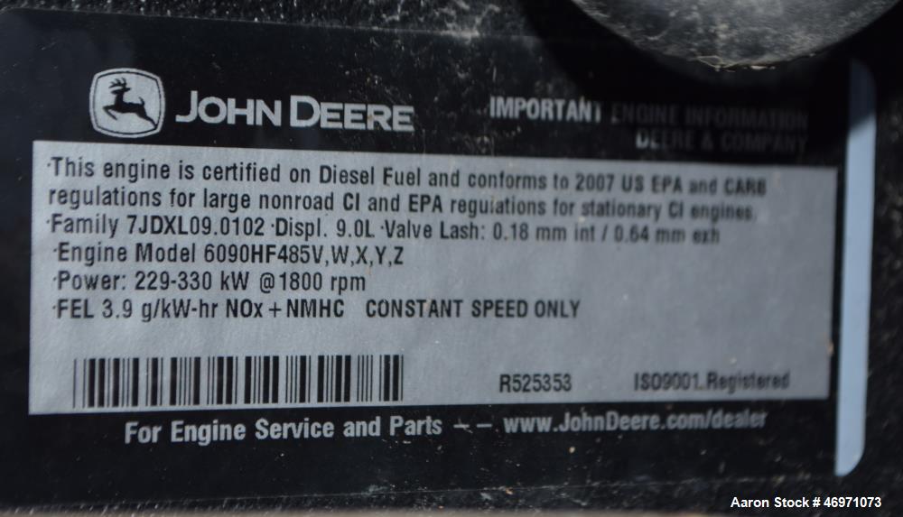 Used Generac Power Systems 300 KW Diesel Generator Set. Model 8533410200, type code SD0300-K369.0D18HPYY C, serial# 2094495, built 2007. John Deere 9.0 liter 6 cylinder engine, model 6090HF485, seria...