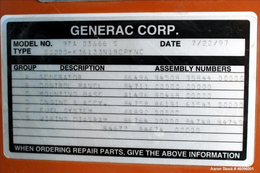 Used- Generac 200 kW natural gas generator. Hino natural gas engine.