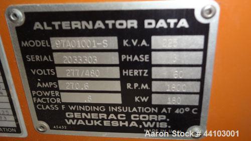 Used Generac 180 kW standby (140kW prime) diesel generator set, model 97A01001-S, type SD180-K367.5018CPNNC, SN-2033303. Generac 7.5DTA 7.5 liter engine rated 288 HP @ 1800 RPM. 3/60/277/480V. Curren...