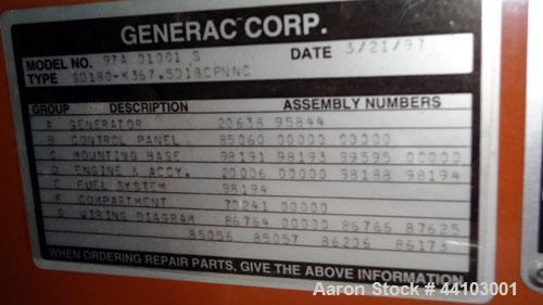 Used Generac 180 kW standby (140kW prime) diesel generator set, model 97A01001-S, type SD180-K367.5018CPNNC, SN-2033303. Generac 7.5DTA 7.5 liter engine rated 288 HP @ 1800 RPM. 3/60/277/480V. Curren...