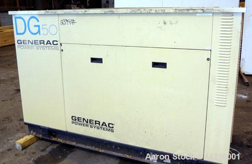 Used Generac 50 kW prime rated natural gas generator set, model DG 50 SN-3675473. Generac 5.7L engine rated 74 HP @ 1800 RPM. 3/60/120/208V. 200 Amp main-line circuit breaker. Weather enclosure. 49 h...
