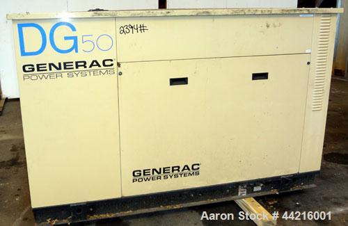 Used Generac 50 kW prime rated natural gas generator set, model DG 50 SN-3675473. Generac 5.7L engine rated 74 HP @ 1800 RPM. 3/60/120/208V. 200 Amp main-line circuit breaker. Weather enclosure. 49 h...