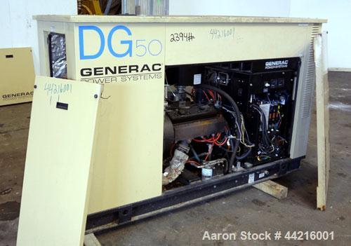 Used Generac 50 kW prime rated natural gas generator set, model DG 50 SN-3675473. Generac 5.7L engine rated 74 HP @ 1800 RPM. 3/60/120/208V. 200 Amp main-line circuit breaker. Weather enclosure. 49 h...