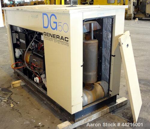 Used Generac 50 kW prime rated natural gas generator set, model DG 50 SN-3675473. Generac 5.7L engine rated 74 HP @ 1800 RPM. 3/60/120/208V. 200 Amp main-line circuit breaker. Weather enclosure. 49 h...