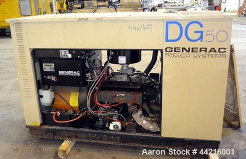 Used Generac 50 kW prime rated natural gas generator set, model DG 50 SN-3675473. Generac 5.7L engine rated 74 HP @ 1800 RPM. 3/60/120/208V. 200 Amp main-line circuit breaker. Weather enclosure. 49 h...