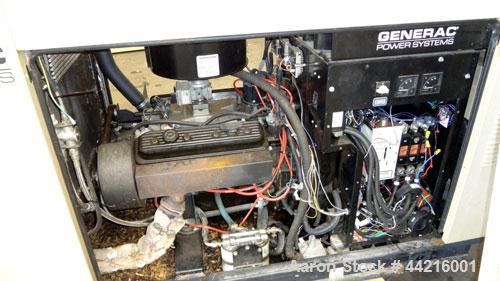 Used Generac 50 kW prime rated natural gas generator set, model DG 50 SN-3675473. Generac 5.7L engine rated 74 HP @ 1800 RPM. 3/60/120/208V. 200 Amp main-line circuit breaker. Weather enclosure. 49 h...