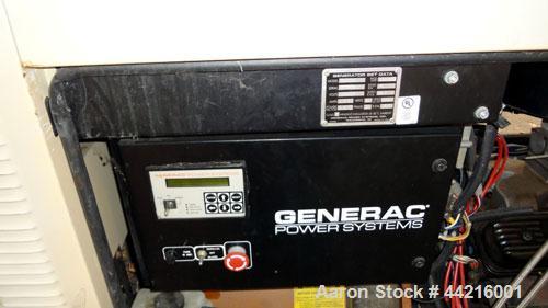 Used Generac 50 kW prime rated natural gas generator set, model DG 50 SN-3675473. Generac 5.7L engine rated 74 HP @ 1800 RPM. 3/60/120/208V. 200 Amp main-line circuit breaker. Weather enclosure. 49 h...