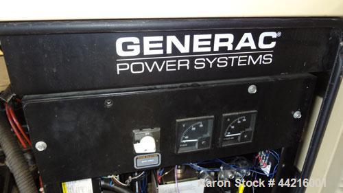 Used Generac 50 kW prime rated natural gas generator set, model DG 50 SN-3675473. Generac 5.7L engine rated 74 HP @ 1800 RPM. 3/60/120/208V. 200 Amp main-line circuit breaker. Weather enclosure. 49 h...