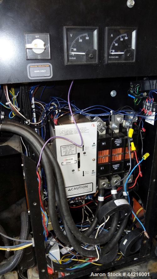 Used Generac 50 kW prime rated natural gas generator set, model DG 50 SN-3675473. Generac 5.7L engine rated 74 HP @ 1800 RPM. 3/60/120/208V. 200 Amp main-line circuit breaker. Weather enclosure. 49 h...