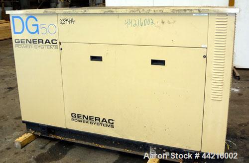 Used Generac 50 kW prime rated natural gas generator set, model DG 50 SN-3675472. Generac 5.7L engine rated 74 HP @ 1800 RPM. 3/60/120/208V. 200 Amp main-line circuit breaker. Weather enclosure. 22 h...