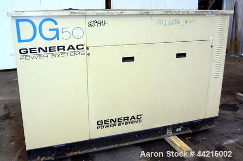 Used Generac 50 kW prime rated natural gas generator set, model DG 50 SN-3675472. Generac 5.7L engine rated 74 HP @ 1800 RPM. 3/60/120/208V. 200 Amp main-line circuit breaker. Weather enclosure. 22 h...