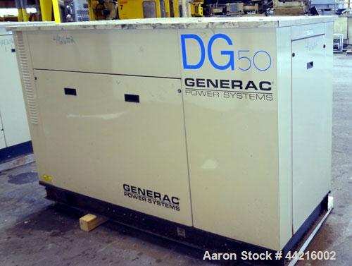 Used Generac 50 kW prime rated natural gas generator set, model DG 50 SN-3675472. Generac 5.7L engine rated 74 HP @ 1800 RPM. 3/60/120/208V. 200 Amp main-line circuit breaker. Weather enclosure. 22 h...
