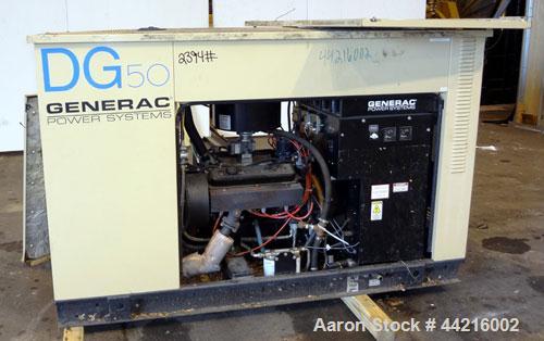 Used Generac 50 kW prime rated natural gas generator set, model DG 50 SN-3675472. Generac 5.7L engine rated 74 HP @ 1800 RPM. 3/60/120/208V. 200 Amp main-line circuit breaker. Weather enclosure. 22 h...