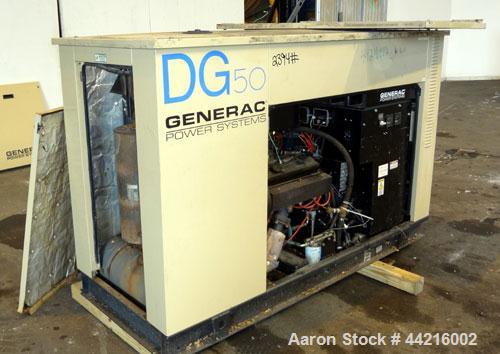 Used Generac 50 kW prime rated natural gas generator set, model DG 50 SN-3675472. Generac 5.7L engine rated 74 HP @ 1800 RPM. 3/60/120/208V. 200 Amp main-line circuit breaker. Weather enclosure. 22 h...