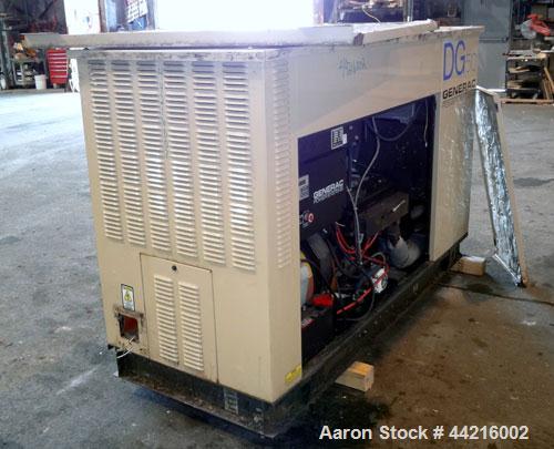 Used Generac 50 kW prime rated natural gas generator set, model DG 50 SN-3675472. Generac 5.7L engine rated 74 HP @ 1800 RPM. 3/60/120/208V. 200 Amp main-line circuit breaker. Weather enclosure. 22 h...