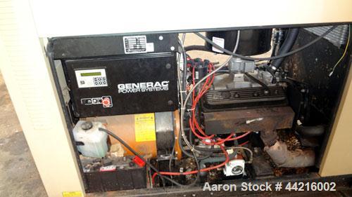 Used Generac 50 kW prime rated natural gas generator set, model DG 50 SN-3675472. Generac 5.7L engine rated 74 HP @ 1800 RPM. 3/60/120/208V. 200 Amp main-line circuit breaker. Weather enclosure. 22 h...