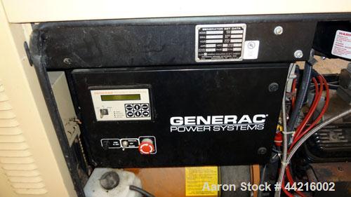 Used Generac 50 kW prime rated natural gas generator set, model DG 50 SN-3675472. Generac 5.7L engine rated 74 HP @ 1800 RPM. 3/60/120/208V. 200 Amp main-line circuit breaker. Weather enclosure. 22 h...