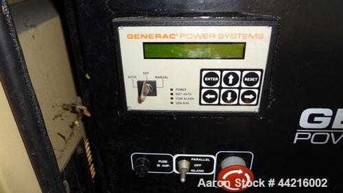 Used Generac 50 kW prime rated natural gas generator set, model DG 50 SN-3675472. Generac 5.7L engine rated 74 HP @ 1800 RPM. 3/60/120/208V. 200 Amp main-line circuit breaker. Weather enclosure. 22 h...