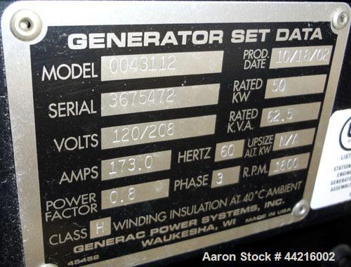 Used Generac 50 kW prime rated natural gas generator set, model DG 50 SN-3675472. Generac 5.7L engine rated 74 HP @ 1800 RPM. 3/60/120/208V. 200 Amp main-line circuit breaker. Weather enclosure. 22 h...