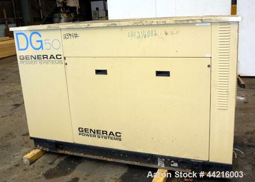 Used Generac 50 kW prime rated natural gas generator set, model DG 50 SN-3664156. Generac 5.7L engine rated 74 HP @ 1800 RPM. 3/60/120/208V. 200 Amp main-line circuit breaker. Weather enclosure. 115 ...