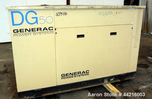 Used Generac 50 kW prime rated natural gas generator set, model DG 50 SN-3664156. Generac 5.7L engine rated 74 HP @ 1800 RPM. 3/60/120/208V. 200 Amp main-line circuit breaker. Weather enclosure. 115 ...
