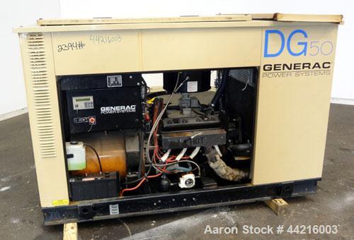 Used Generac 50 kW prime rated natural gas generator set, model DG 50 SN-3664156. Generac 5.7L engine rated 74 HP @ 1800 RPM. 3/60/120/208V. 200 Amp main-line circuit breaker. Weather enclosure. 115 ...