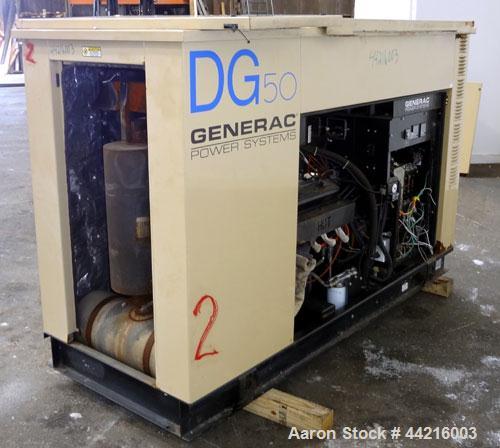 Used Generac 50 kW prime rated natural gas generator set, model DG 50 SN-3664156. Generac 5.7L engine rated 74 HP @ 1800 RPM. 3/60/120/208V. 200 Amp main-line circuit breaker. Weather enclosure. 115 ...