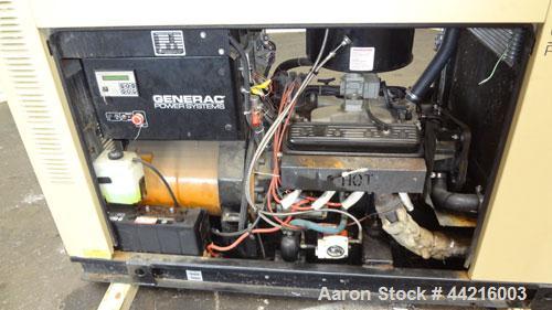 Used Generac 50 kW prime rated natural gas generator set, model DG 50 SN-3664156. Generac 5.7L engine rated 74 HP @ 1800 RPM. 3/60/120/208V. 200 Amp main-line circuit breaker. Weather enclosure. 115 ...