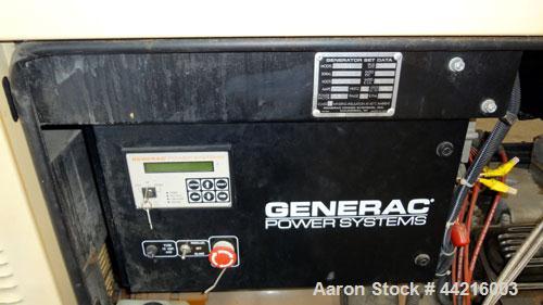 Used Generac 50 kW prime rated natural gas generator set, model DG 50 SN-3664156. Generac 5.7L engine rated 74 HP @ 1800 RPM. 3/60/120/208V. 200 Amp main-line circuit breaker. Weather enclosure. 115 ...